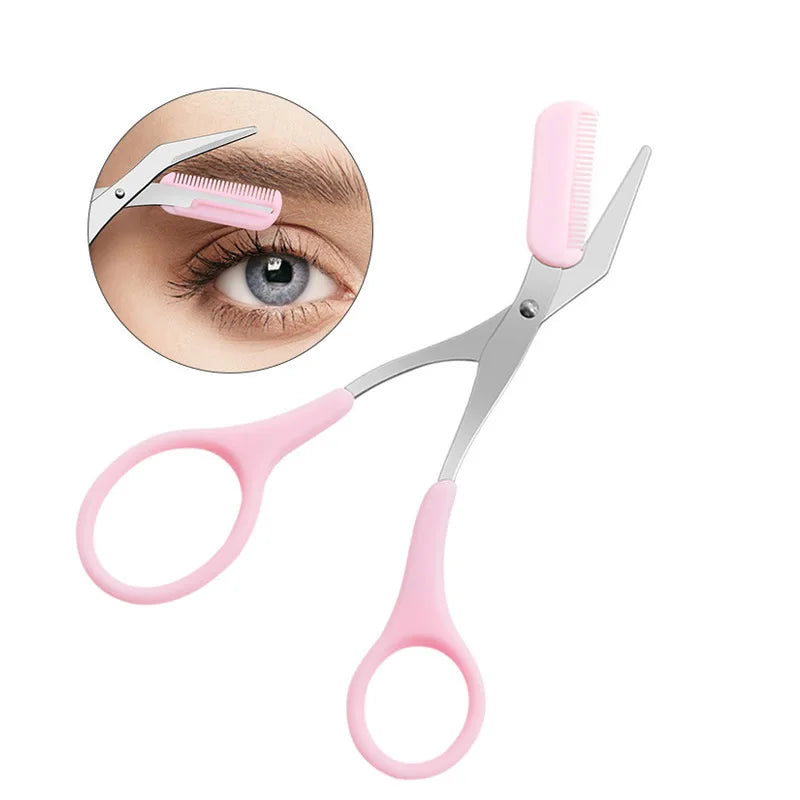 Pink eyebrow trimming scissors with built-in comb - stainless steel, precise grooming tool, creating perfect eyebrows